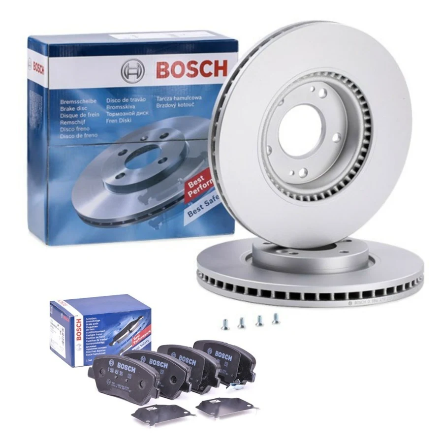 Kit de freinage Bosch disponible à Mayotte : disques ventilés et plaquettes de frein avant, en stock à Kawéni et Combani