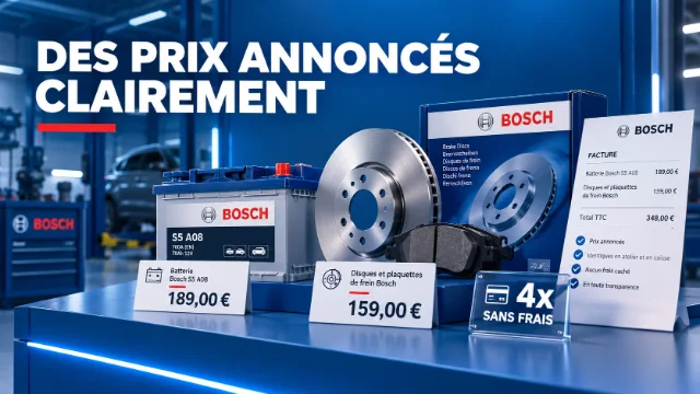 Batterie et disques de frein Bosch avec prix affichés TTC et paiement en quatre fois sans frais